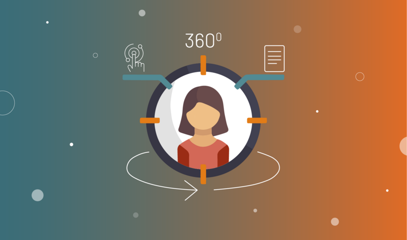 Overzichtsafbeelding van een vrouwelijk klantprofiel in het midden van een 360 graden overzicht, symbool voor een compleet klantbeeld met verschillende datapunten.
