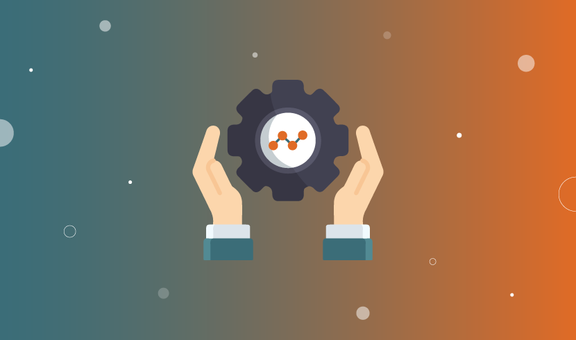 Illustratie van twee handen die een tandwiel met datanetwerk vasthouden – symbool voor grip op data en centraal datamanagement via MDM.