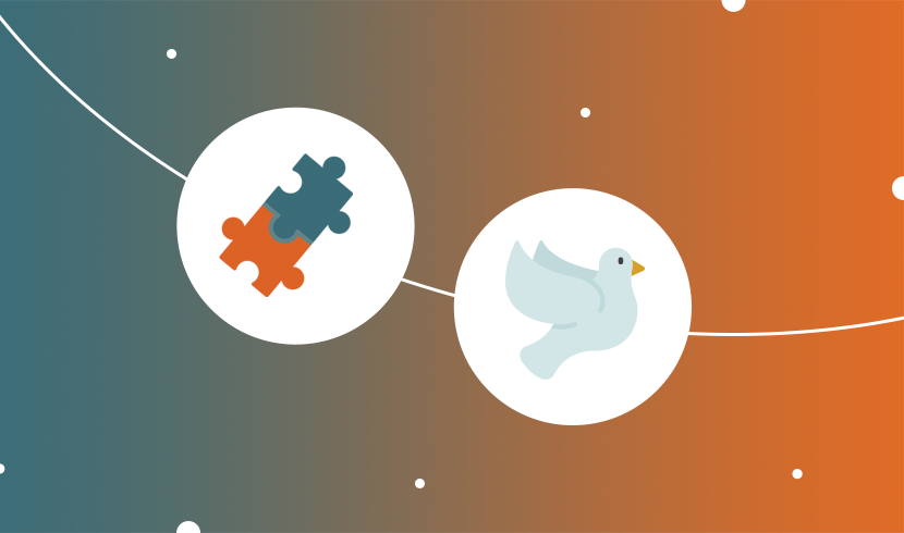 Illustratie van twee puzzelstukken en een duif op een gekleurde achtergrond – symbool voor verbinding, samenwerking en klantacceptatie.