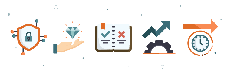Illustraties van dataveiligheid, datakwaliteit, compliance, efficiëntie en toekomstgerichtheid – symbool voor de vijf voordelen van Master Data Management.