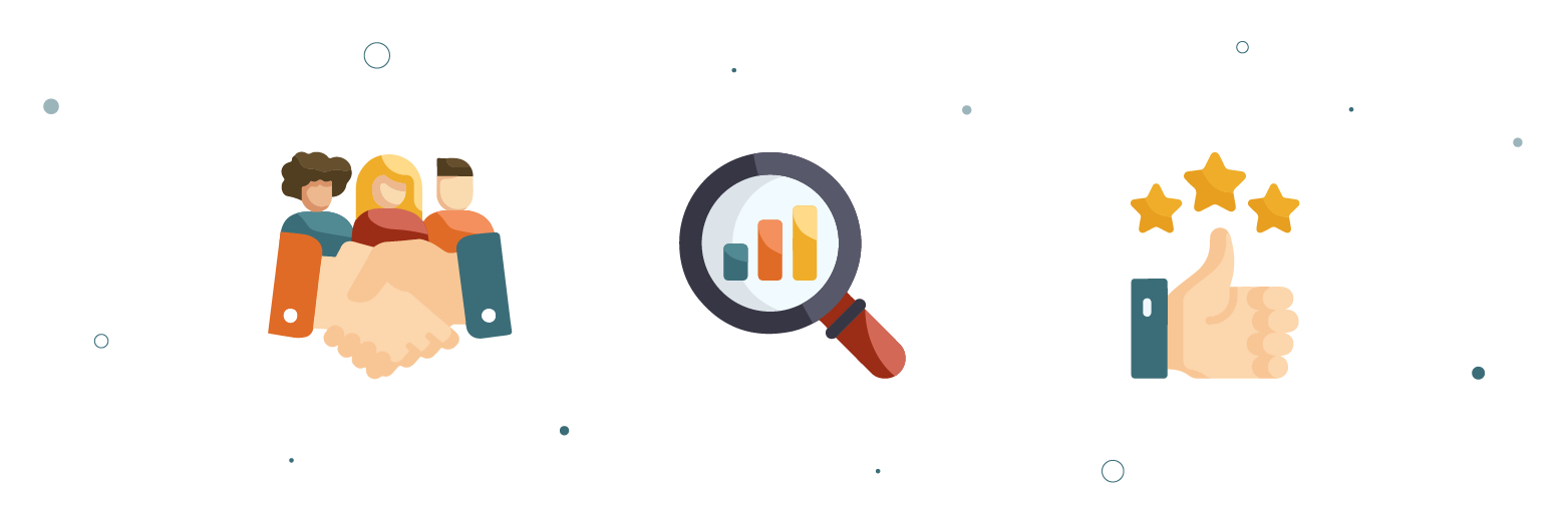 Illustraties van klantrelatie, data-analyse en klanttevredenheid – visuele weergave van de voordelen van een 360 graden klantbeeld.