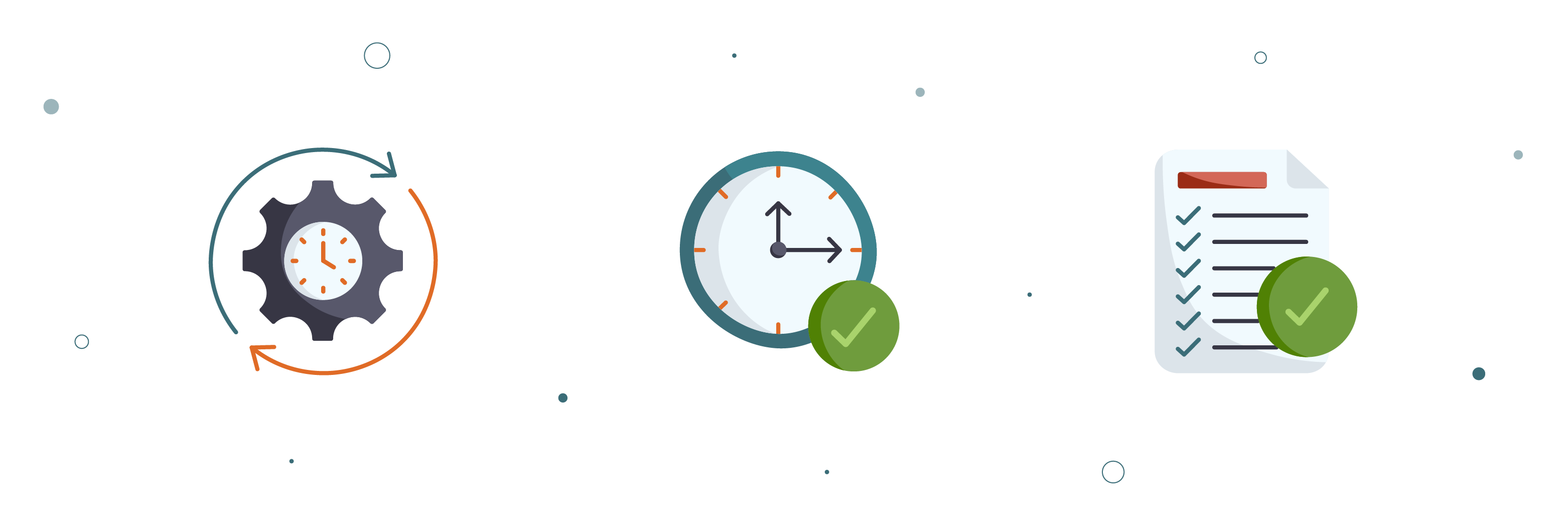 Iconen van een tandwiel, klok en checklist met vinkjes, symbool voor de datakwaliteitsdimensies consistentie, tijdigheid en volledigheid.