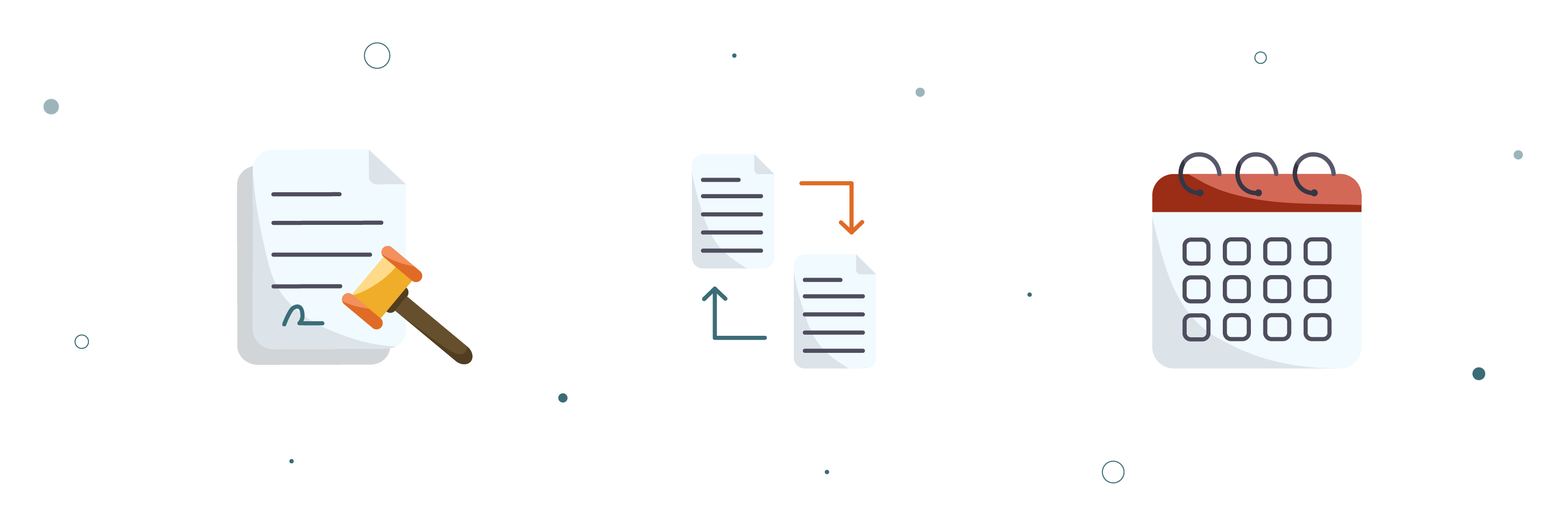 Iconen van een document met hamer, dubbele documenten en kalender, symbool voor de datakwaliteitsdimensies geldigheid, uniciteit en tijdigheid.