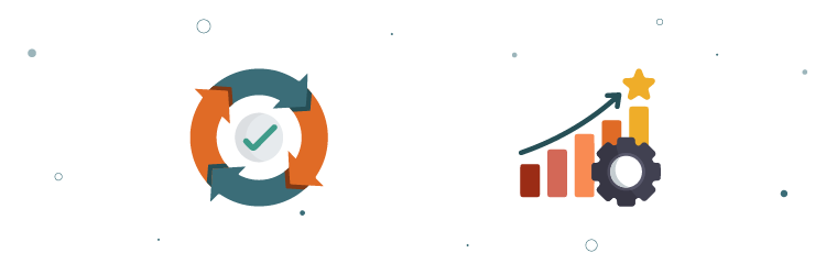 Illustraties van een cyclisch validatieproces en een stijgende grafiek met tandwiel – symbool voor datakwaliteit en datagedreven besluitvorming.