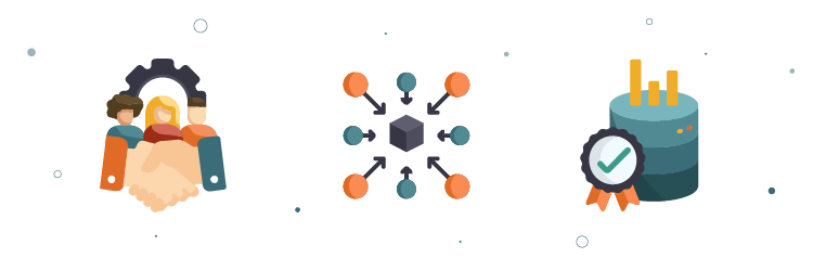 Illustraties van samenwerking, centrale datakoppeling en gevalideerde data – visuele weergave van wat Master Data Management inhoudt.